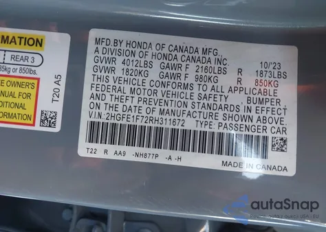 2024 Honda Civic Ex z USA, uszkodzony, nr VIN 2HGFE1F72RH311672